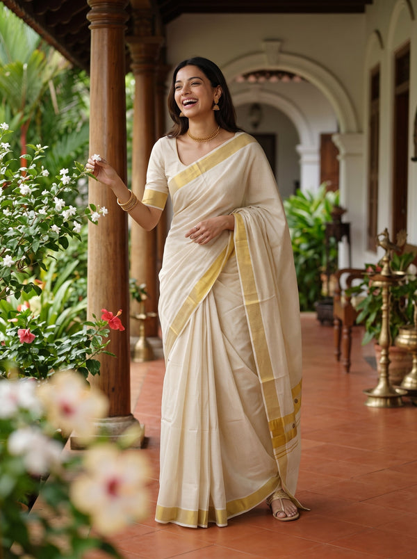 A woman wearing a cream-colored saree with gold borders stands on a traditional porch with wooden pillars and green plants.