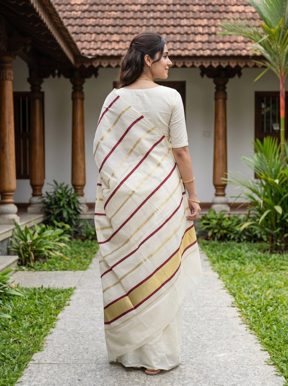Cotton Cream Maroon Gold Pinstripe Kasavu ONam Special Kerala Saree