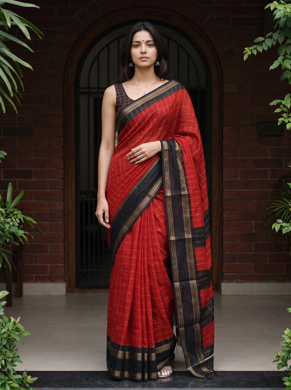 Synthetic Red Checked Saree with Black Golden Border