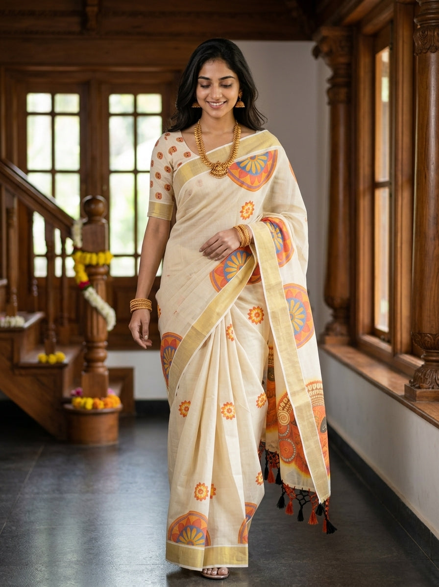 Cotton Cream  Mandala Print with Theyyam Motif Border Set Saree