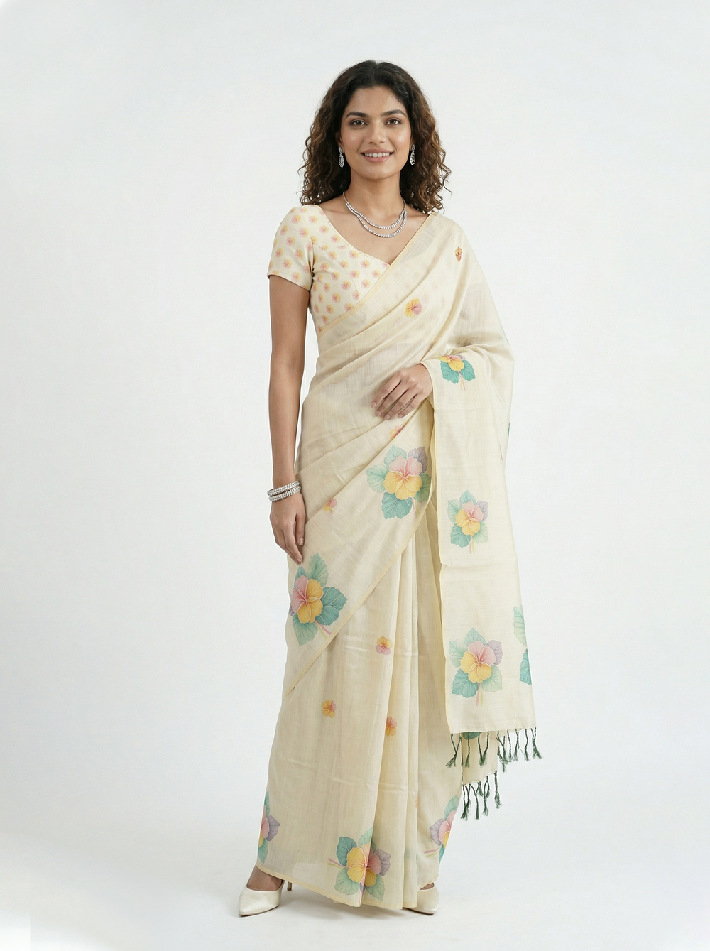 Tissue Silk Cream Watercolor Floral Print Set Saree with Tasseled Border