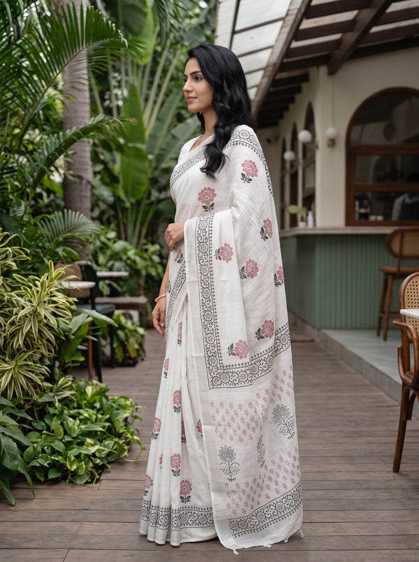 Linen White Block Print Saree with Black Border and Red Floral Motifs