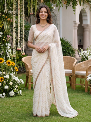 Chiffon White Golden Butta Embellished Saree