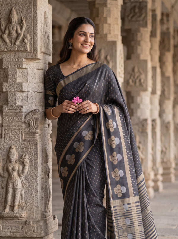 Semi Silk Black Golden Silver Floral Bouquet Border Saree with Tassels