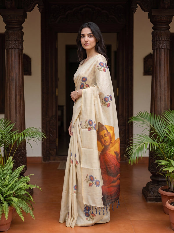 Tissue Cream Floral Onam Kerala Saree with Meditating Buddha Pallu