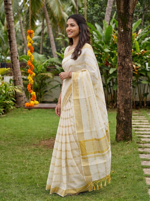 Cotton Cream Golden Dashed Line Wide Border Onam Kerala Saree