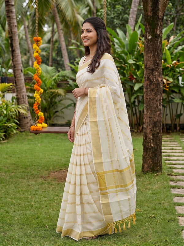 Cotton Cream Golden Dashed Line Wide Border Onam Kerala Saree