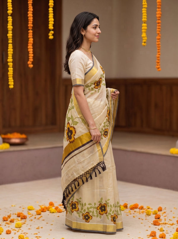 A woman wearing a cream-colored saree with yellow and green floral patterns and black tassels, standing in a decorated indoor setting with marigold garlands.