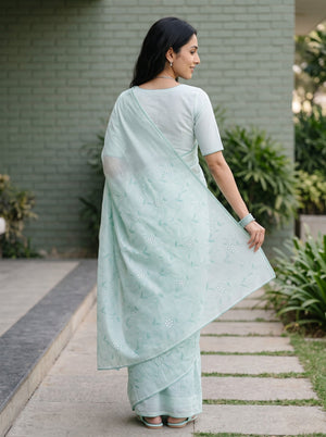 Mul Chanderi Mint Green White Striped Allover Floral Vine Embroidered Cutwork Daisy Saree