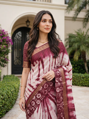 Chanderi Cotton Silk Maroon White Shibori Batik Border Saree with Zari Trim