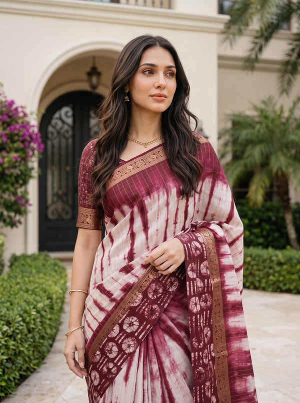 Chanderi Cotton Silk Maroon White Shibori Batik Border Saree with Zari Trim