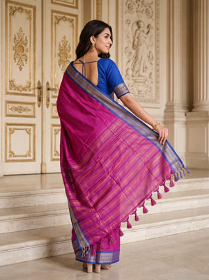 Semi Silk Magenta Pink Golden Pinstripe Saree with Blue Zari Border