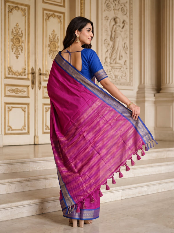 Semi Silk Magenta Pink Golden Pinstripe Saree with Blue Zari Border