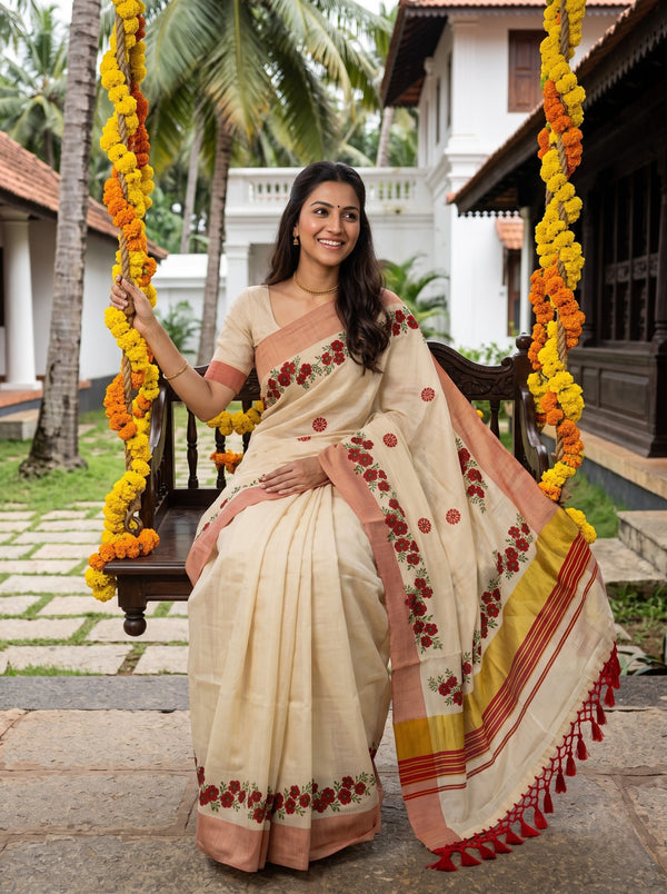 Tissue Cream Red Rose Floral Border with Copper Zari Border Onam Special Kerala Saree
