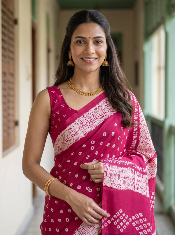 Synthetic Crimson Bandhej Print Saree