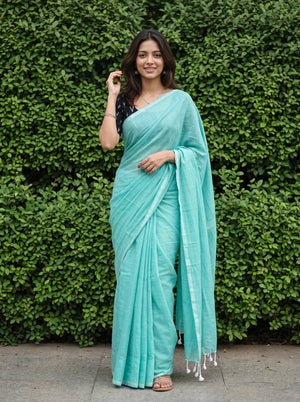 Cotton Mint Green Saree with White Tassels and Black Print