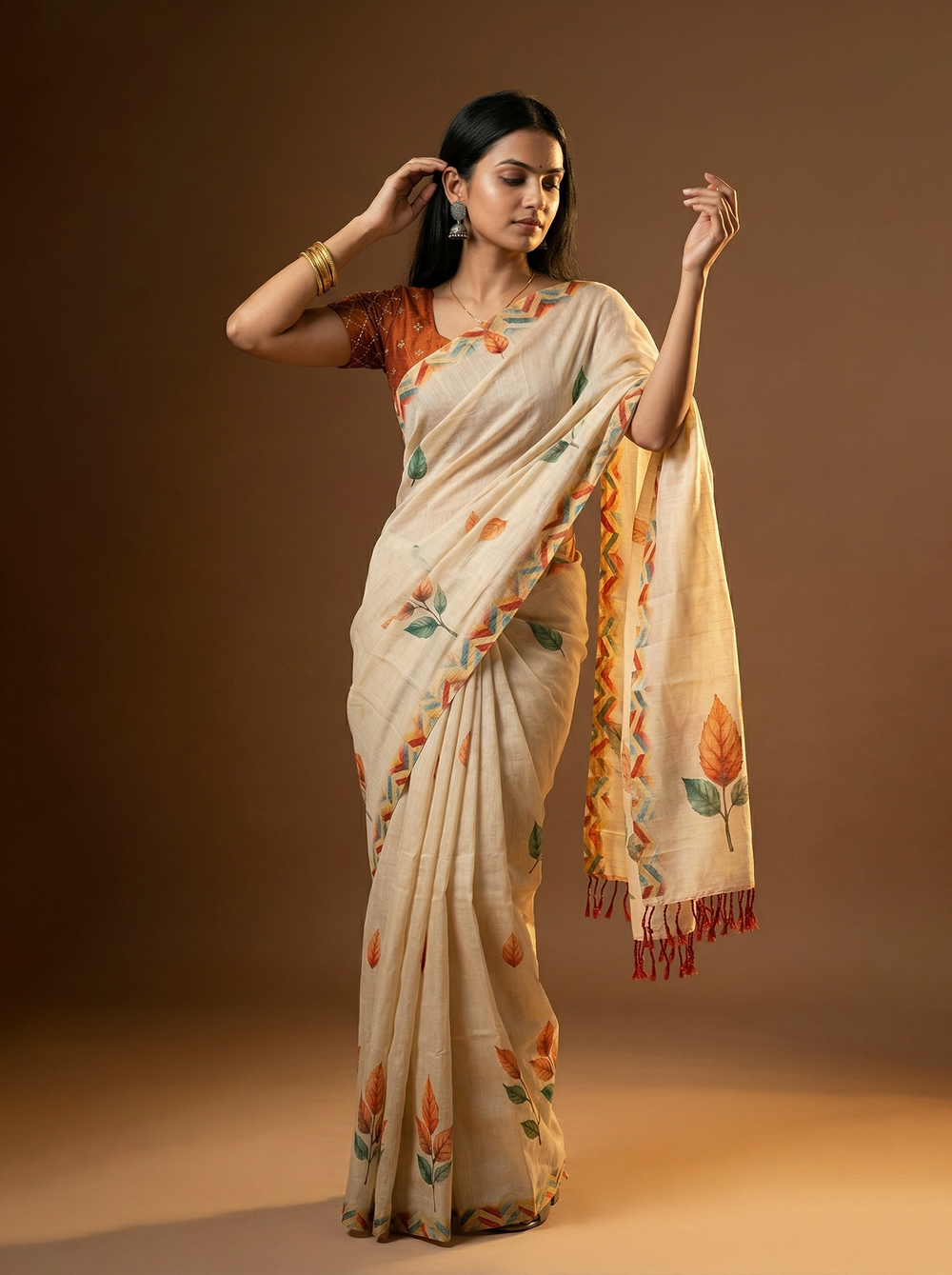 Tissue Silk Cream Autumn Leaf Print Set Saree with Chevron Border