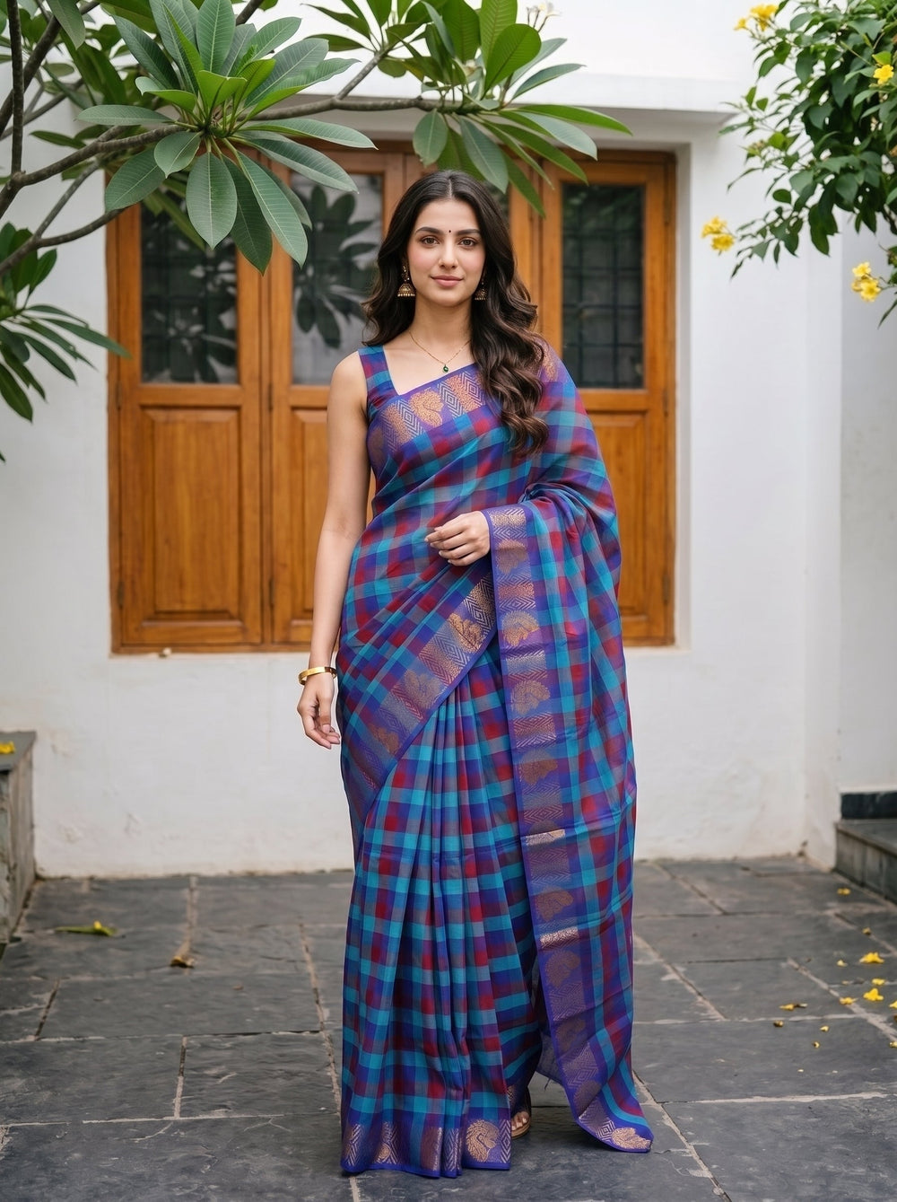 A woman wearing a purple and blue plaid silk saree with gold zari detailing, standing outdoors in front of a white wall with wooden doors.