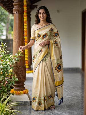 Tissue Cream Blue Floral Print  Onam Special Kerala  Saree with Golden Border