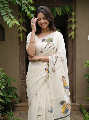 Cotton Cream Kids Playing Games Print Onam Kerala Saree