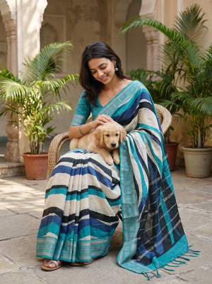 Pure Chanderi Teal Navy Abstract Wave Stripe Saree