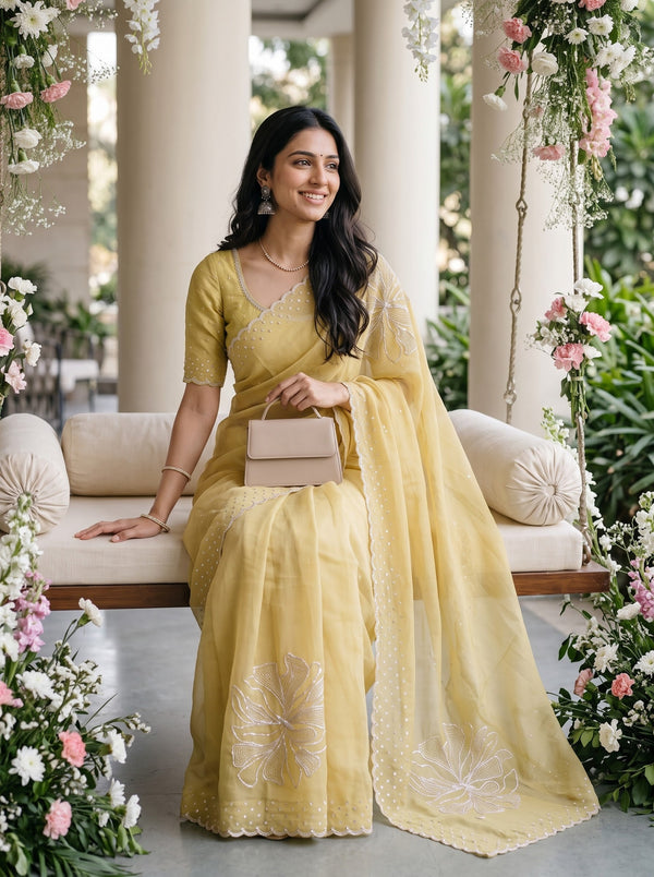 Chiffon Pastel Yellow Floral Sequin Embroidered Saree