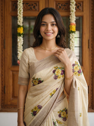 Tissue Cream Yellow Purple Floral Print with Silver Border Onam Special Kerala Saree
