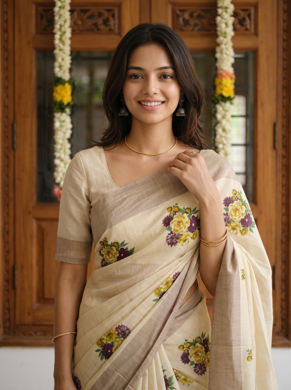 Tissue Cream Yellow Purple Floral Print with Silver Border Onam Special Kerala Saree