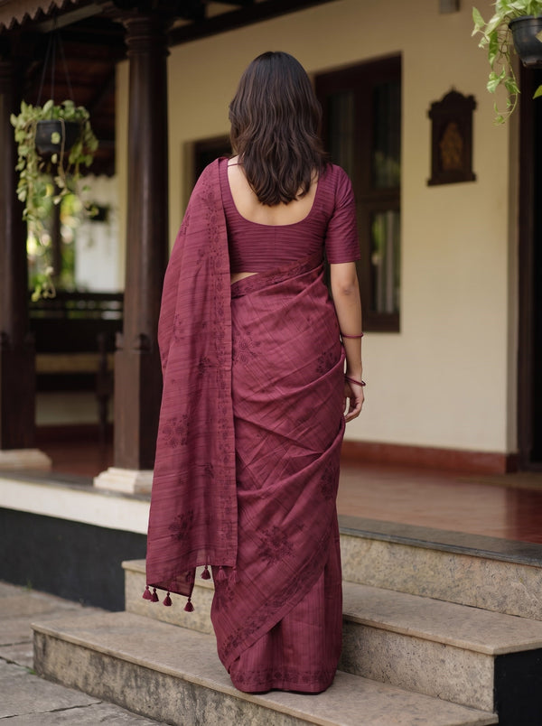 Semi Tussar Maroon Self Stripe Embroidered Floral Saree with Tassels