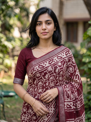 Linen Maroon Hand Block Print and Floral Vine Saree with Border