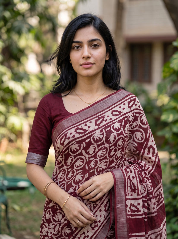 Linen Maroon Hand Block Print and Floral Vine Saree with Border