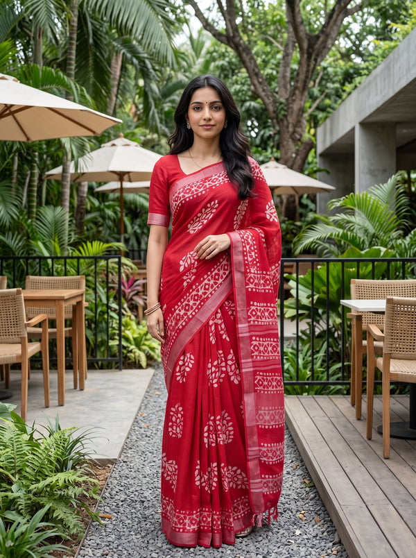 A woman wearing a red saree with white floral prints stands on a gravel path in a tropical garden patio setting with wooden chairs and umbrellas.