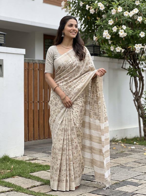Chanderi Cotton Beige Tribal Beaded Print Saree with Striped Pallu and Tassels