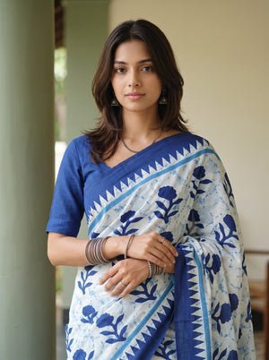 Cotton White Saree with Navy Blue Floral Motif Printed Pallu