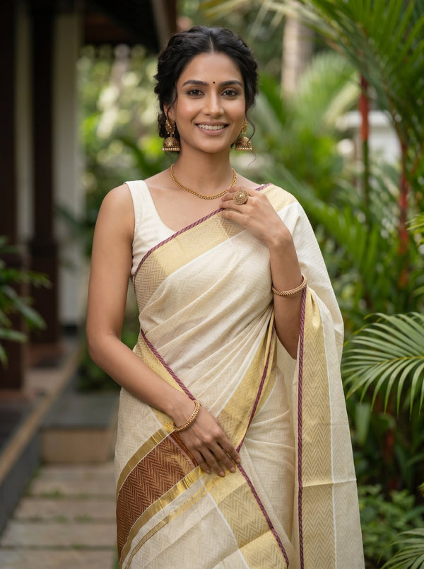 Tissue Sillk Cream Gold Zari Maroon Zig Zag Pattern Set Saree