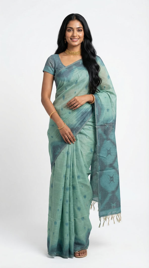 Cotton Mint Green Tie-Dye Printed Saree