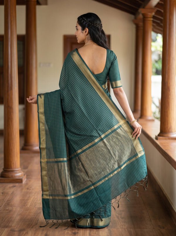 Cotton Silk Bottle Green Saree with Grey Zari Shimmer Pallu