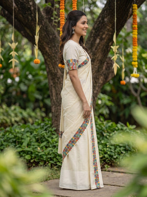Cotton Cream Retro Geometric Border Onam Special Set Mundu