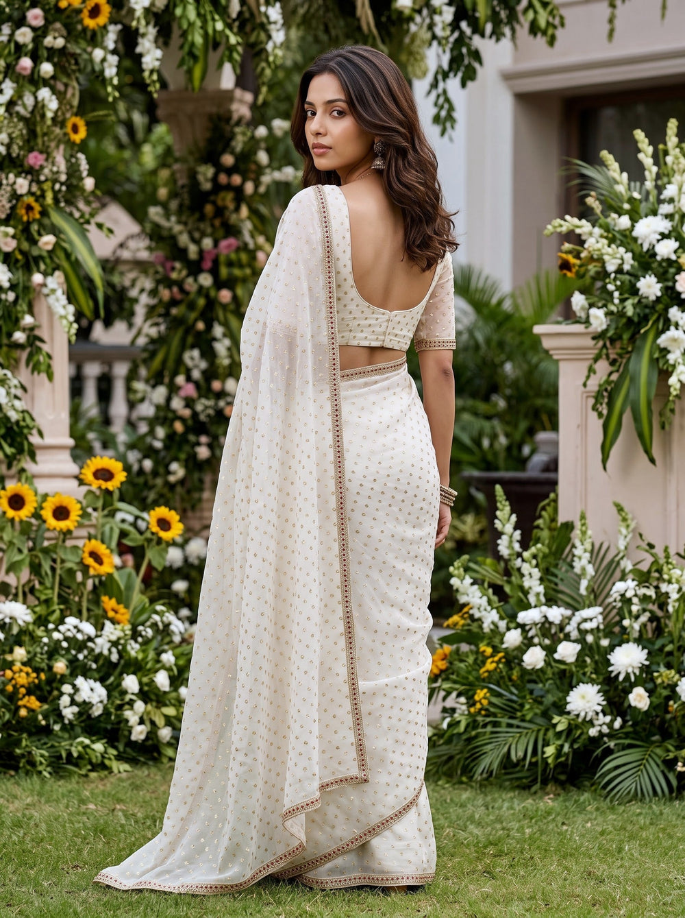 Chiffon White Golden Butta Embellished Saree