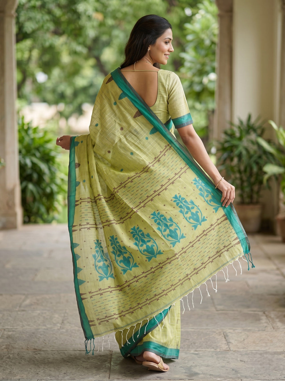 Cotton Lime Green Teal Border Handloom Booti Saree