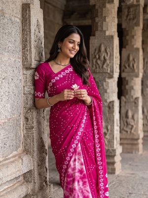 Semi Modal pink Saree with Bandhani Print and Shibori Hem
