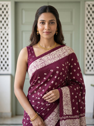 Synthetic Wine Purple Bandhani Print Saree with Diagonal Swirl Border