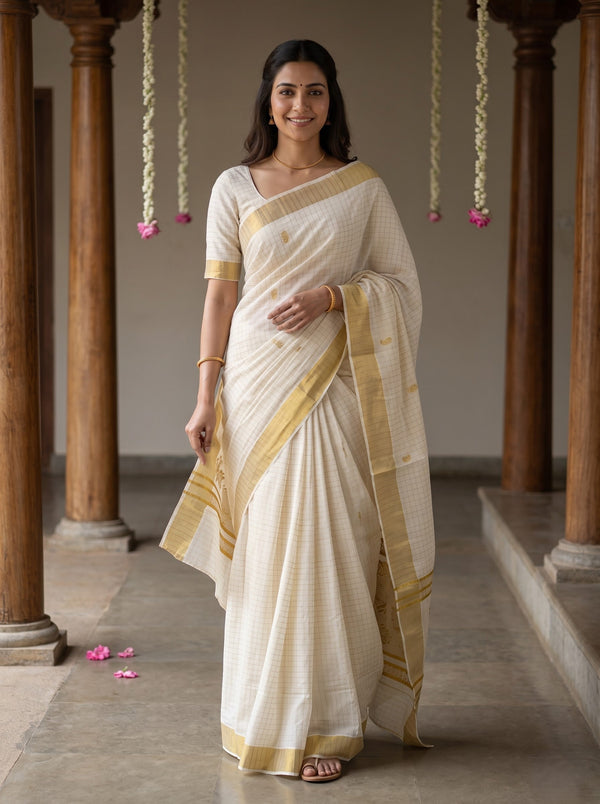 A woman wearing a cream-colored cotton saree with a gold border and matching cream blouse, standing in a traditional corridor with wooden pillars.