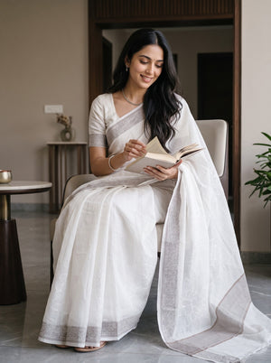 Cotton Off-White Self-Tone Floral Weave Saree with Beige Jacquard Border