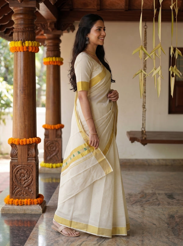 Cotton Cream Checkered Golden Border Onam Special Kerala Saree