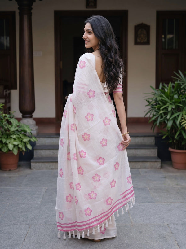 Cotton White Saree with Pink Flower Print and Striped Border