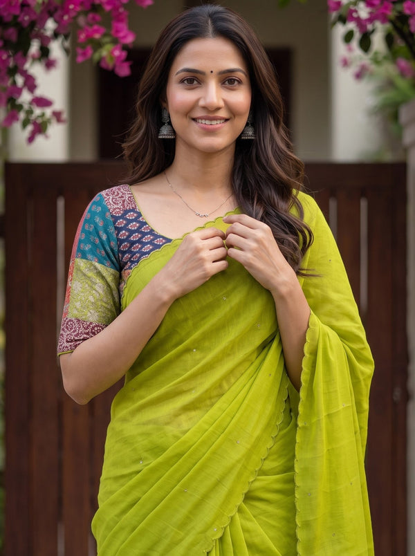 Semi Chanderi Organza Parrot Green Mirror Work Saree with Scalloped Edge