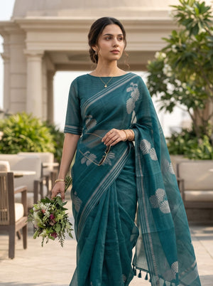 Organza Teal Self-Tone Botanical Motif Saree with Striped Pallu Border and Tassels