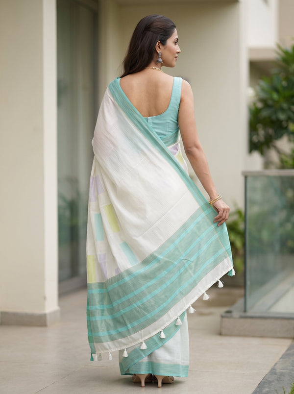 Synthetic White Color Block Saree with Mint Green Border and Tassels