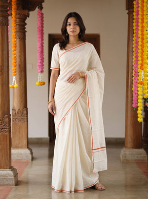 Cotton Cream Off-White Thin Orange Line Border Onam Kerala Saree